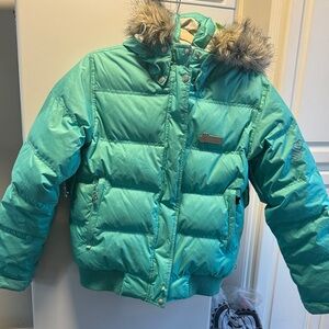 Women’s Turquoise Puffer Jacket with Faux Fur Hood